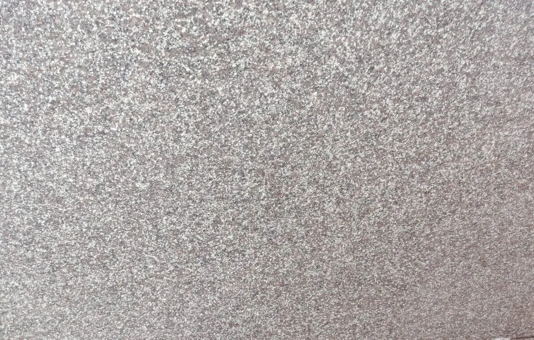 Adhunik Grey granite: an even grey polished surface with fine white and umber flecks, photographed close on a real slab
