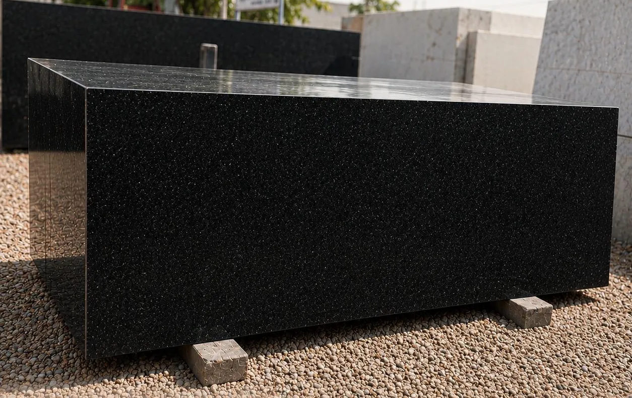 A polished jet-black granite block standing on gravel in the stone yard, reflecting the sky